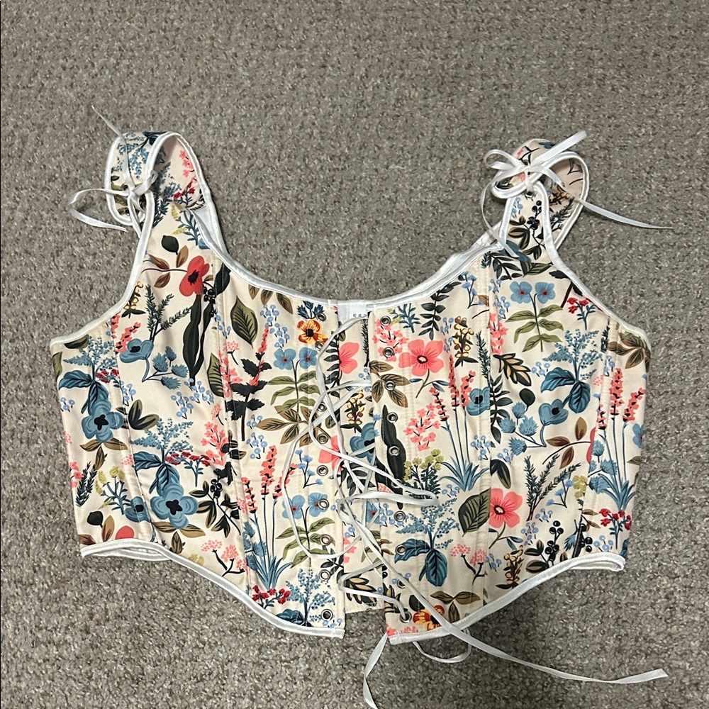 Floral Lace-Up Crop Top - Cream Multi
